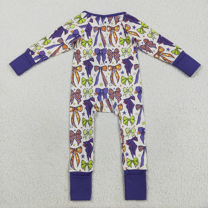 Sibling Baby Kids Purple Bows Stars Plaid Pajams Sets Zipper Footie Rompers