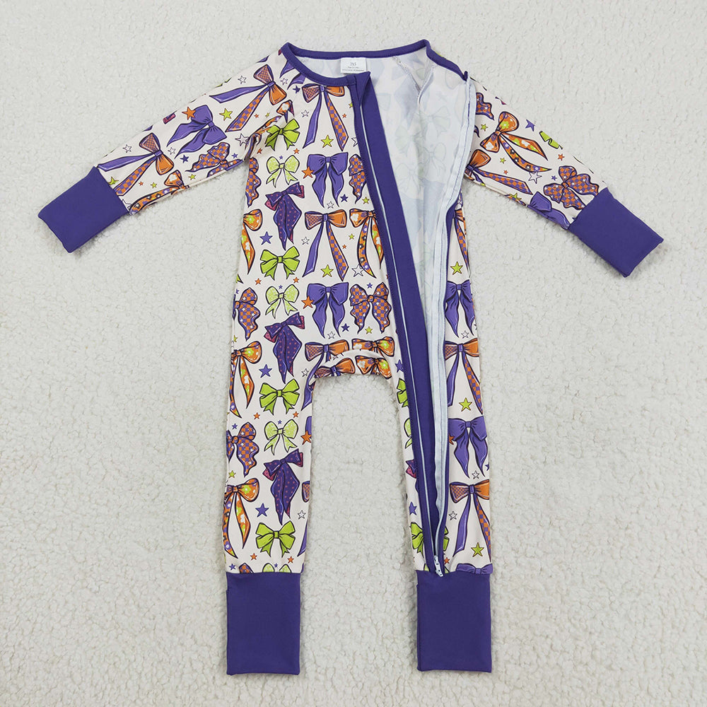 Sibling Baby Kids Purple Bows Stars Plaid Pajams Sets Zipper Footie Rompers