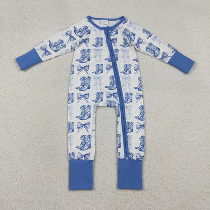 Sibling Baby Boys Girls Western Boots Cows Two Way Zip Convertible Rompers