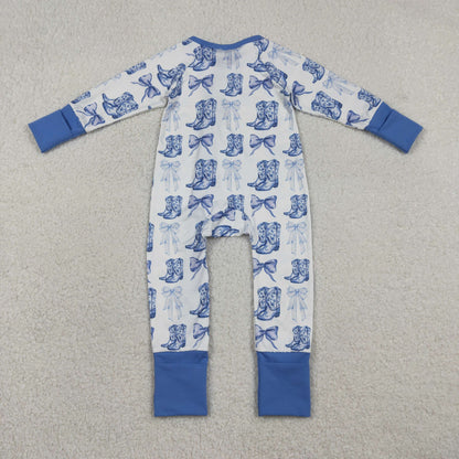 Sibling Baby Boys Girls Western Boots Cows Two Way Zip Convertible Rompers