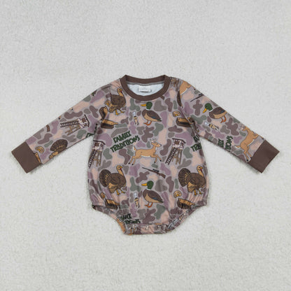 Sibling Baby Boys Brown Camo Turkey Pumpkins Thanksgiving Hunting Rompers