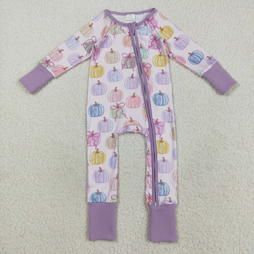 Sibling Baby Kids Colorful Bows Pumpkins Fall Pajams Sets Zipper Footie Rompers