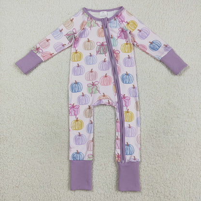 Sibling Baby Kids Colorful Bows Pumpkins Fall Pajams Sets Zipper Footie Rompers