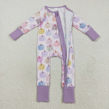 Sibling Baby Kids Colorful Bows Pumpkins Fall Pajams Sets Zipper Footie Rompers