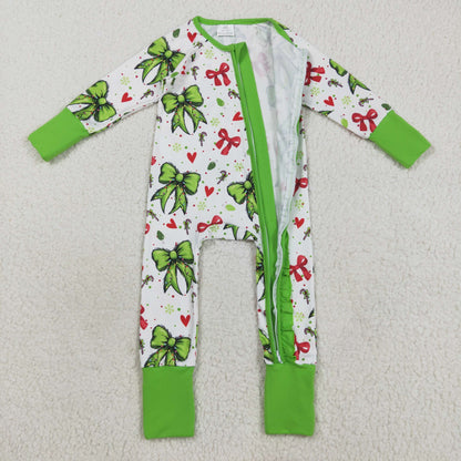 Sibling Baby Kids Holly Bows Santa Christmas Two Way Zip Convertible Rompers