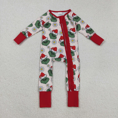 Sibling Baby Girls Christmas Green Face Daisy Pajamas Set Zipper Footie Romper Knee Length Dress