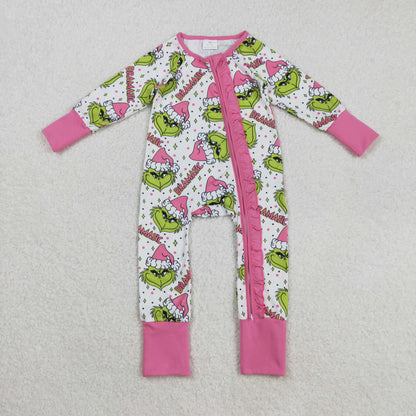 Sibling Baby Girls Green Faces Dramatic Christmas Zipper Footie Rompers Pajamas Sets
