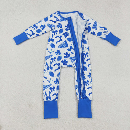 Sibling Baby Girls Blue Bows Footballs Go Team Zipper Romper Dresses Legging Pant Skorts Bottom