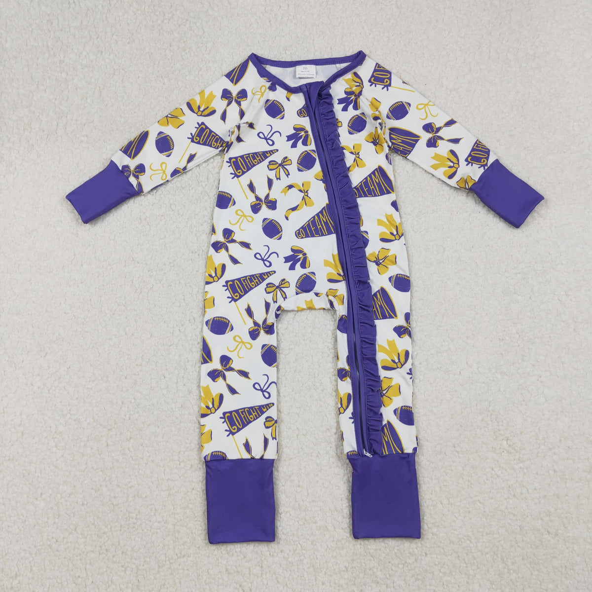 Sibling Baby Girls Purple Bows Footballs Go Team Ruffle Zipper Romper Knee Length Dress