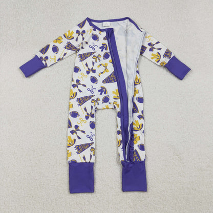 Sibling Baby Girls Purple Bows Footballs Go Team Ruffle Zipper Romper Knee Length Dress