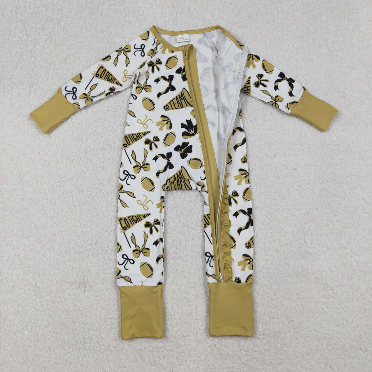 Sibling Baby Girls Gold Bows Footballs Go Team Ruffle Zipper Footie Romper Knee Length Dress