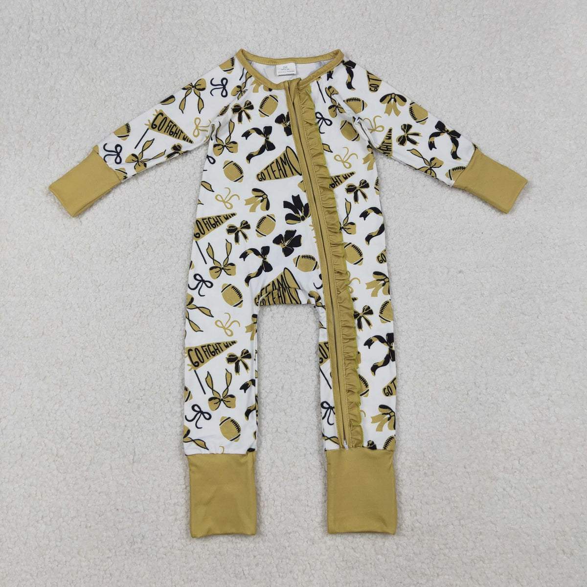 Sibling Baby Girls Gold Bows Footballs Go Team Ruffle Zipper Footie Romper Knee Length Dress