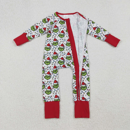 Sibling Baby Boys Green Faces Lights Christmas Pajamas Sets Zipper Footie Rompers Blankets