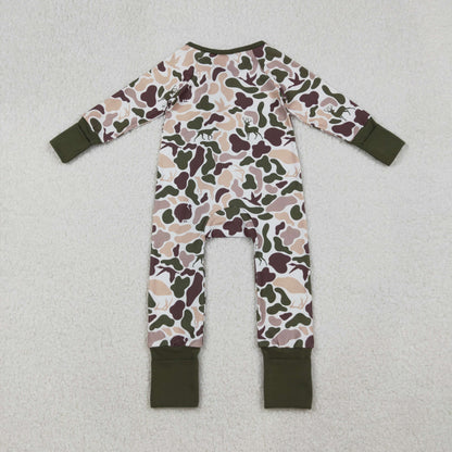 Sibling Baby Kids Ducks Camo Southern Hunting Two Way Zipper Convertible Rompers