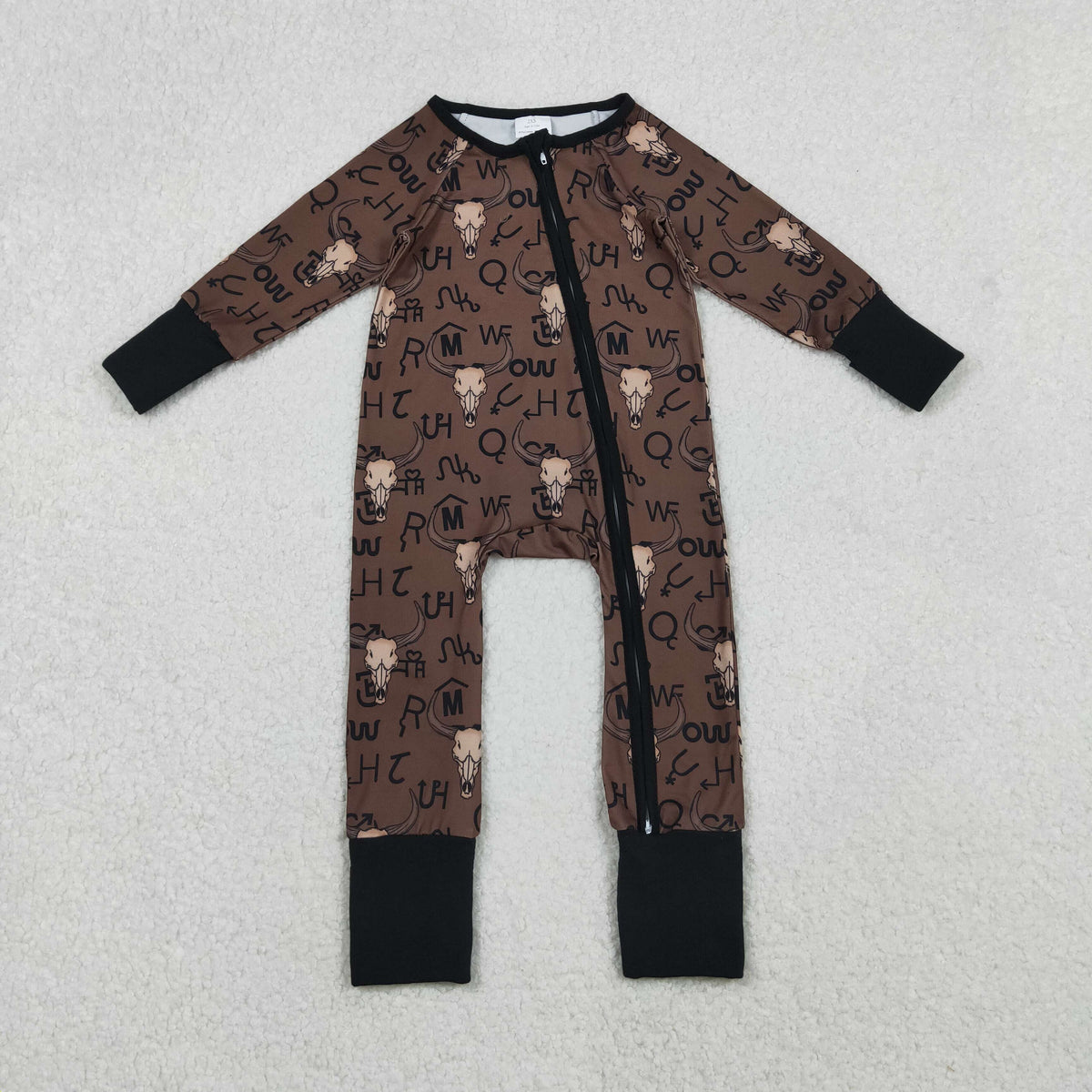 Sibling Baby Boys Brown Bull Skulls Pants Western Pajamas Sets Zipper Footie Rompers