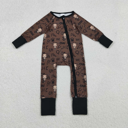 Sibling Baby Boys Brown Bull Skulls Pants Western Pajamas Sets Zipper Footie Rompers