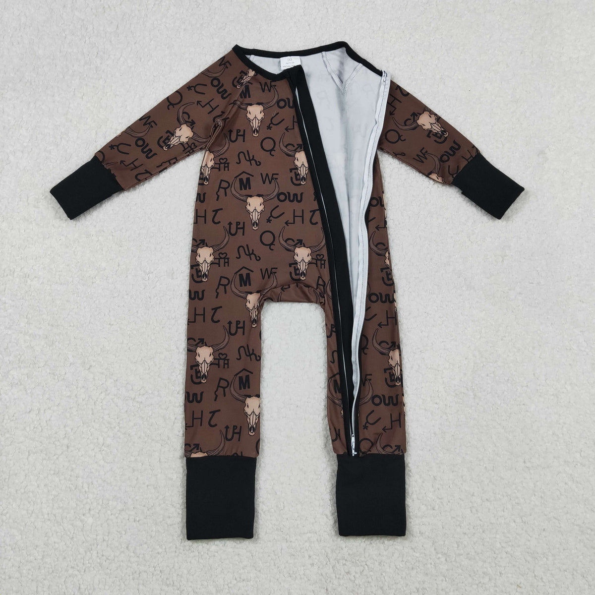 Sibling Baby Boys Brown Bull Skulls Pants Western Pajamas Sets Zipper Footie Rompers