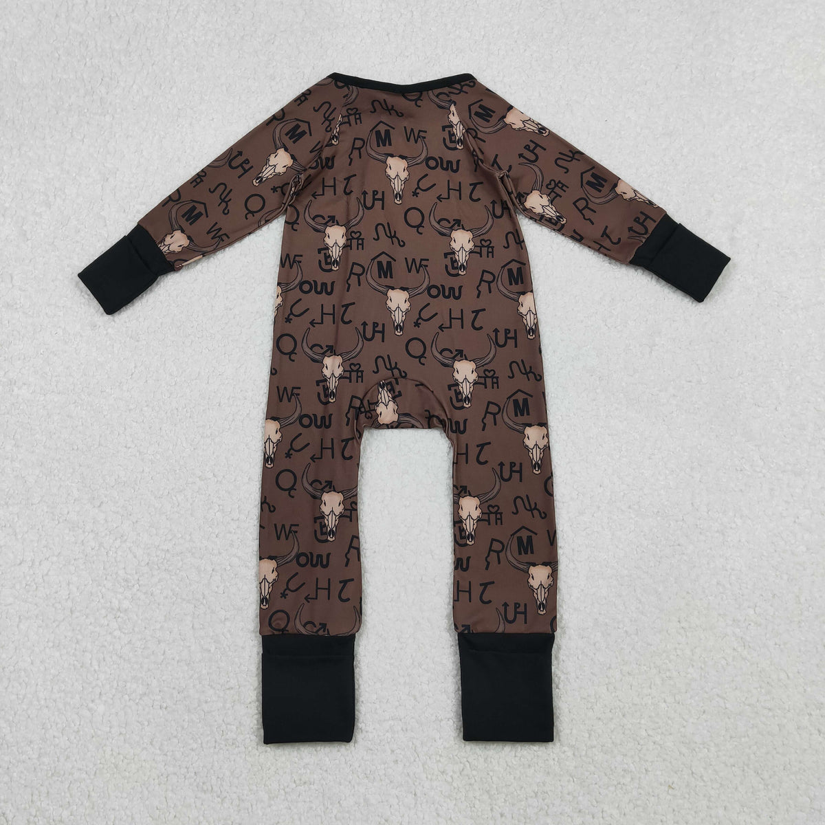 Sibling Baby Boys Brown Bull Skulls Pants Western Pajamas Sets Zipper Footie Rompers