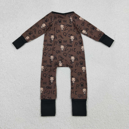 Sibling Baby Boys Brown Bull Skulls Pants Western Pajamas Sets Zipper Footie Rompers