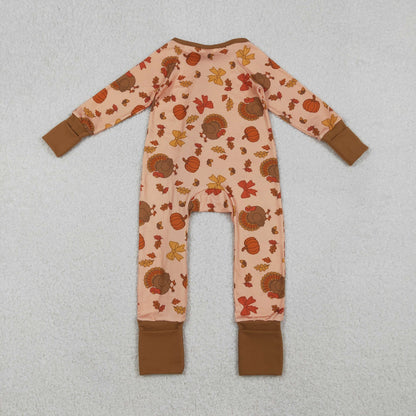 Sibling Baby Kids Turkey Pie Pumpkins Thanksgiving Two Way Zip Convertible Rompers