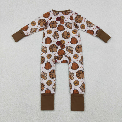 Sibling Baby Kids Turkey Pie Pumpkins Thanksgiving Two Way Zip Convertible Rompers