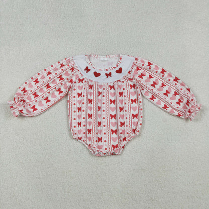 Sibling Baby Girls Embroidery Hearts Bows Ruffle Sleeves Valentines Knee Length Dresses Rompers