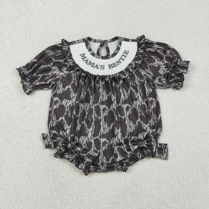 Sibling Baby Girls Smocked Mama's Bestie Camo Bows Ruffle Rompers