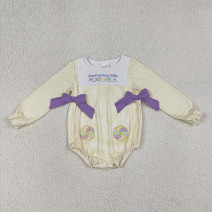 Sibling Baby Girls Embroidery Sweet as King Cake Ruffle Pants Mardigras Set Rompers