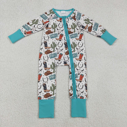 Sibling Baby Boys Girls Western Boots Cows Two Way Zip Convertible Rompers