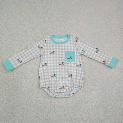 Sibling Baby Boys Embroidery Ducks Deer Pockets Hunting Checked Rompers