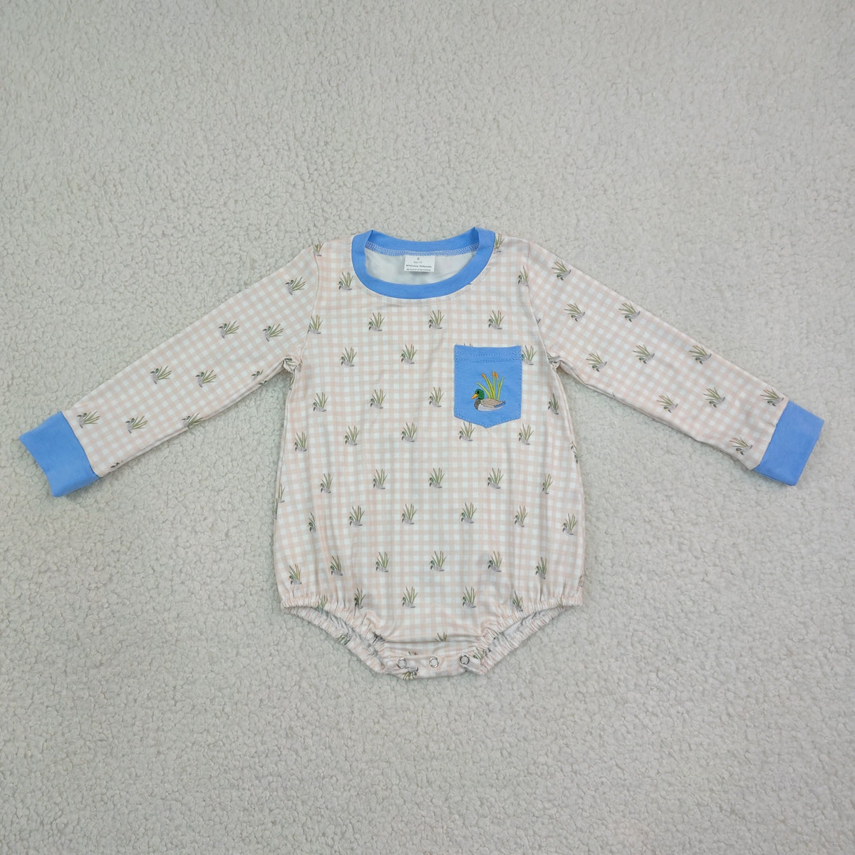 Sibling Baby Boys Embroidery Ducks Blue Checked Hunting Rompers