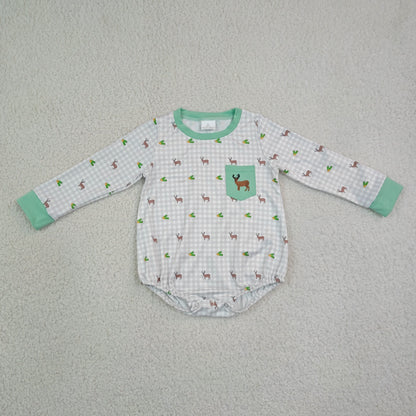Sibling Baby Boys Embroidery Ducks Deer Pockets Hunting Checked Rompers