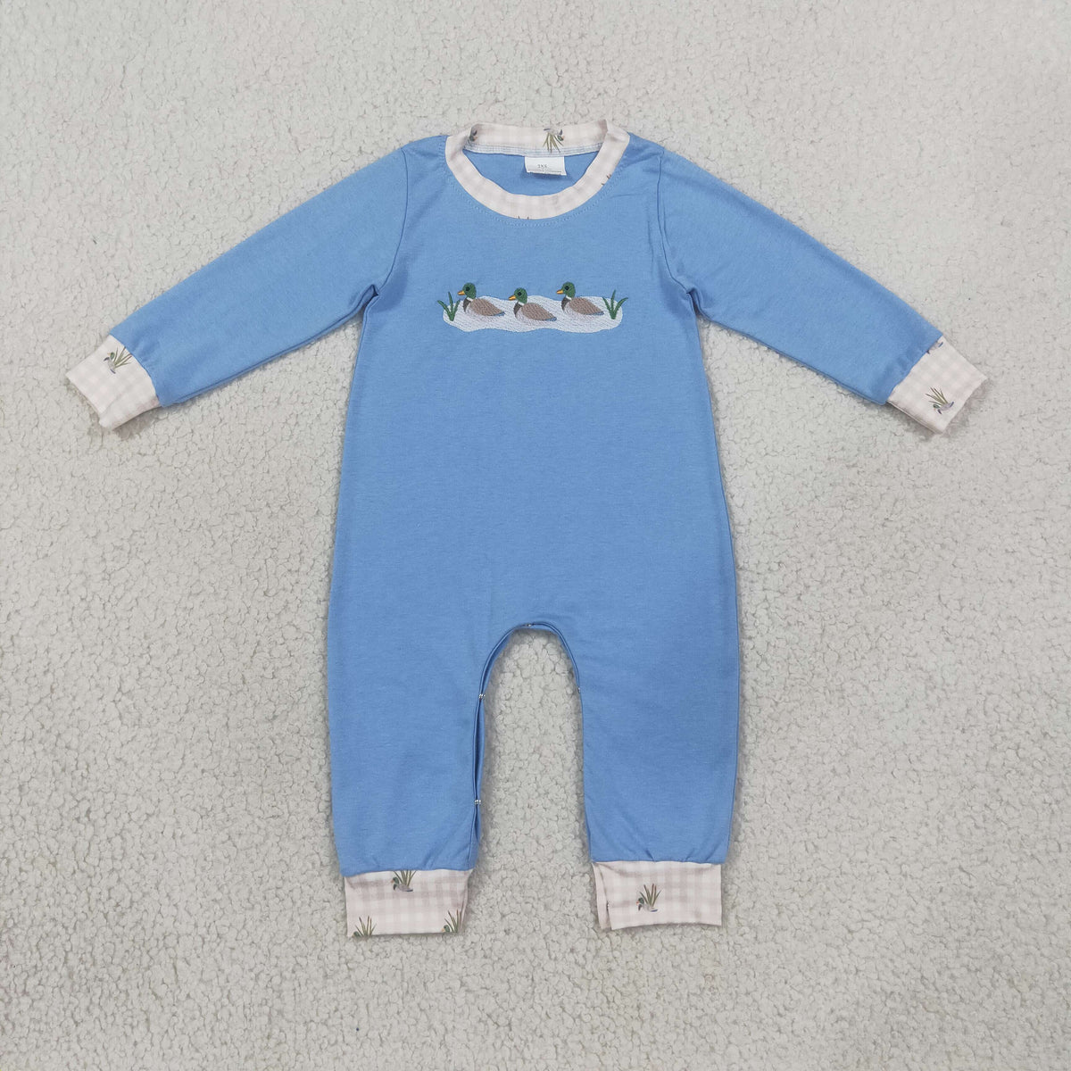Sibling Baby Boys Embroidery Ducks Blue Checked Hunting Rompers