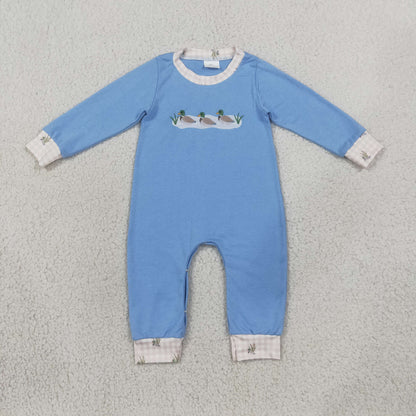 Sibling Baby Boys Embroidery Ducks Blue Checked Hunting Rompers