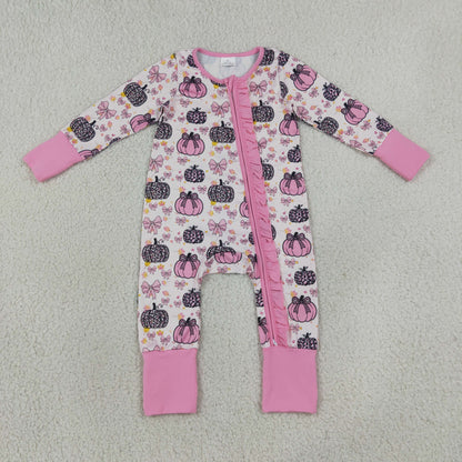 Sibling Baby Girls Bows Pumpkins Fall Pant Pajamas Set Ruffle Zip Rompers