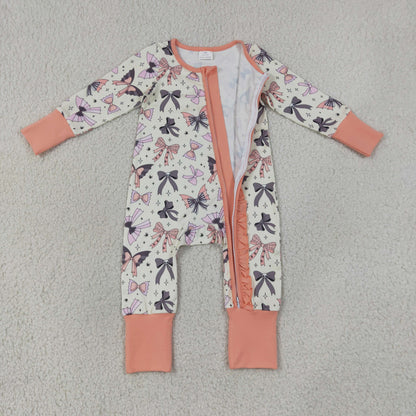 Sibling Baby Girls Ghost Bows Fur Sleeves Pant Halloween Pajamas Set Ruffle Zip Rompers
