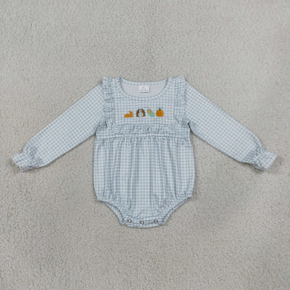 Sibling Baby Girls Embroidery Pumpkins Turkey Checked Tunic Pant Thanksgivings Sets Rompers