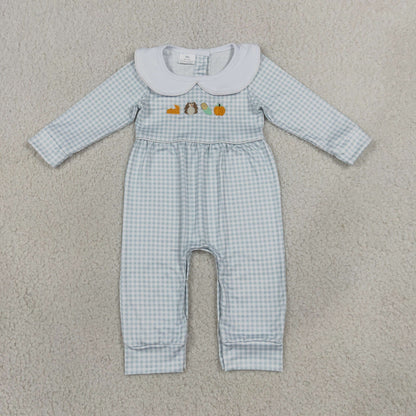 Sibling Baby Girls Long Sleeves Embroidery Turkey Pumpkins Deer Fall Ruffle Pant Rompers