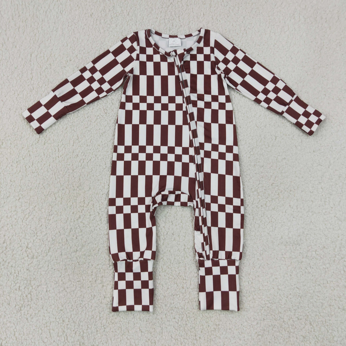 Sibling Baby Boys Long Sleeves Brown Checked Top Pant Fall Pajamas Set Zip Rompers