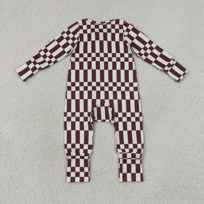 Sibling Baby Boys Long Sleeves Brown Checked Top Pant Fall Pajamas Set Zip Rompers