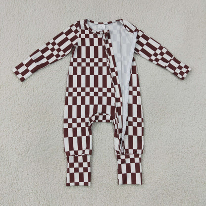 Sibling Baby Boys Long Sleeves Brown Checked Top Pant Fall Pajamas Set Zip Rompers