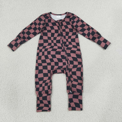 Sibling Baby Boys Warped Checkerboard Print Pant Fall Pajamas Set Zip Rompers