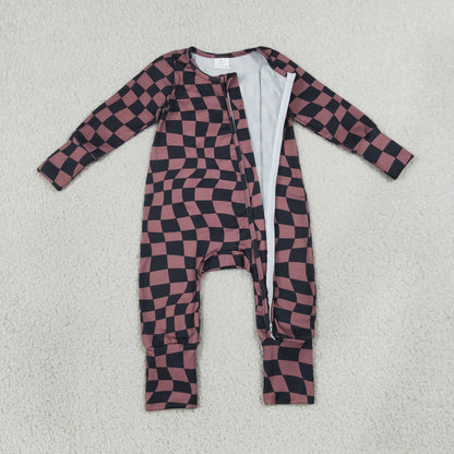 Sibling Baby Boys Warped Checkerboard Print Pant Fall Pajamas Set Zip Rompers