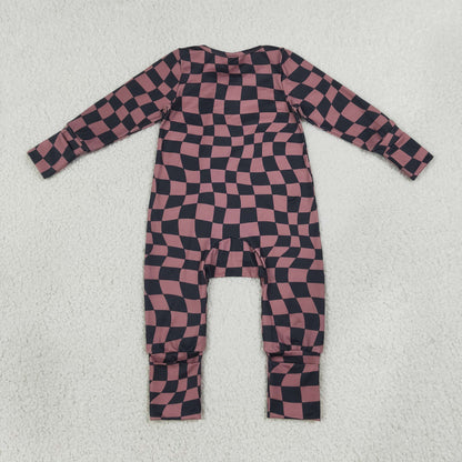 Sibling Baby Boys Warped Checkerboard Print Pant Fall Pajamas Set Zip Rompers