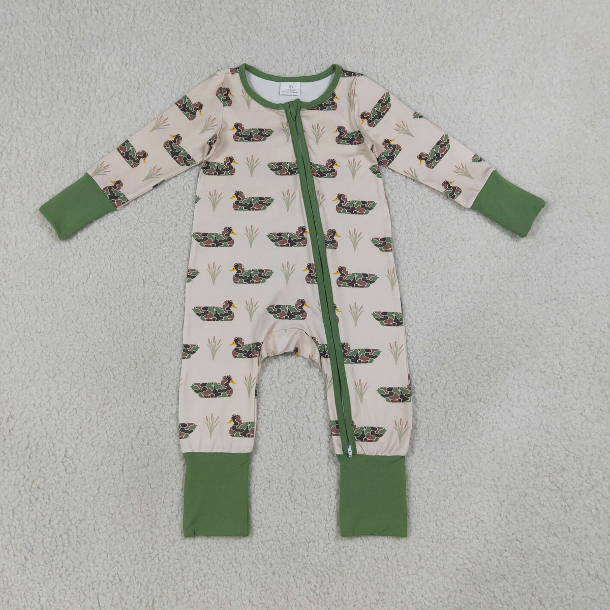 Sibling Baby Boys Green Camo Ducks Plaid Pant Hunting Pajamas Set Zip Rompers