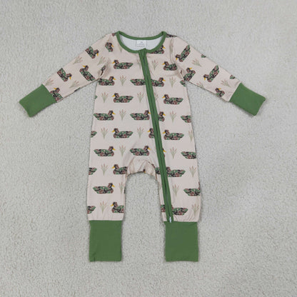 Sibling Baby Boys Green Camo Ducks Plaid Pant Hunting Pajamas Set Zip Rompers