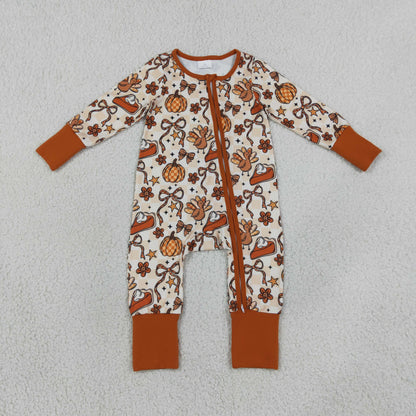 Sibling Baby Girls Bows Pumpkins Turkey Flare Pant Thanksgivings Zip Pullover Set Rompers