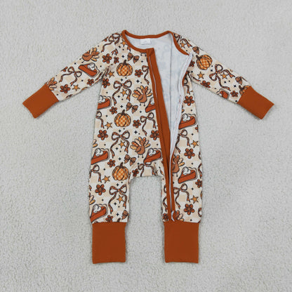 Sibling Baby Girls Bows Pumpkins Turkey Flare Pant Thanksgivings Zip Pullover Set Rompers