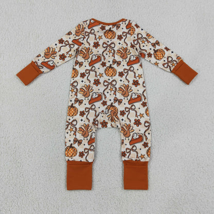 Sibling Baby Girls Bows Pumpkins Turkey Flare Pant Thanksgivings Zip Pullover Set Rompers