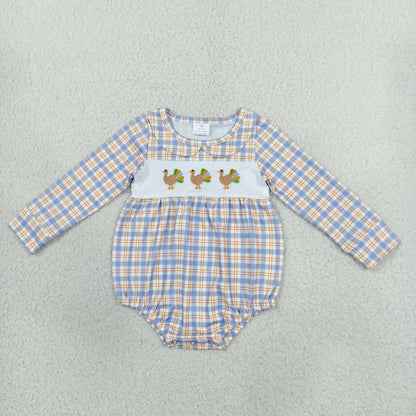 Sibling Baby Girls Embroidery Turkey Blue Checked Thanksgivings Knee Length Dress Rompers